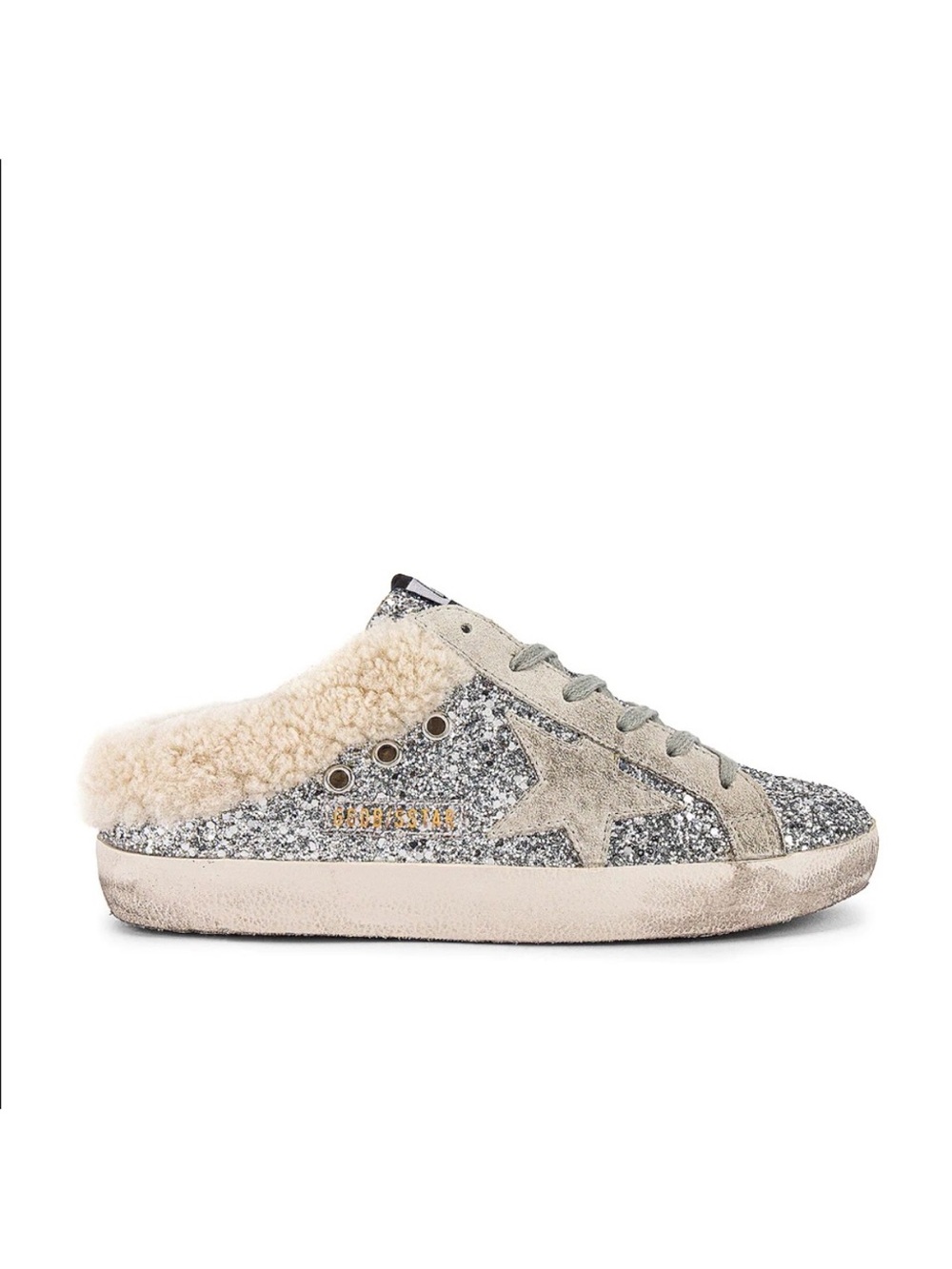 Golden Goose Silver Glitter Shearling-Trim Mule Sneaker